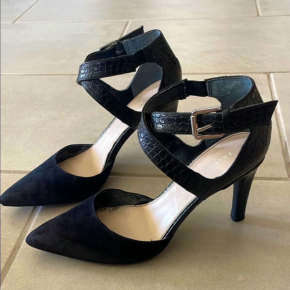 Black suede heel with faux alligator skin